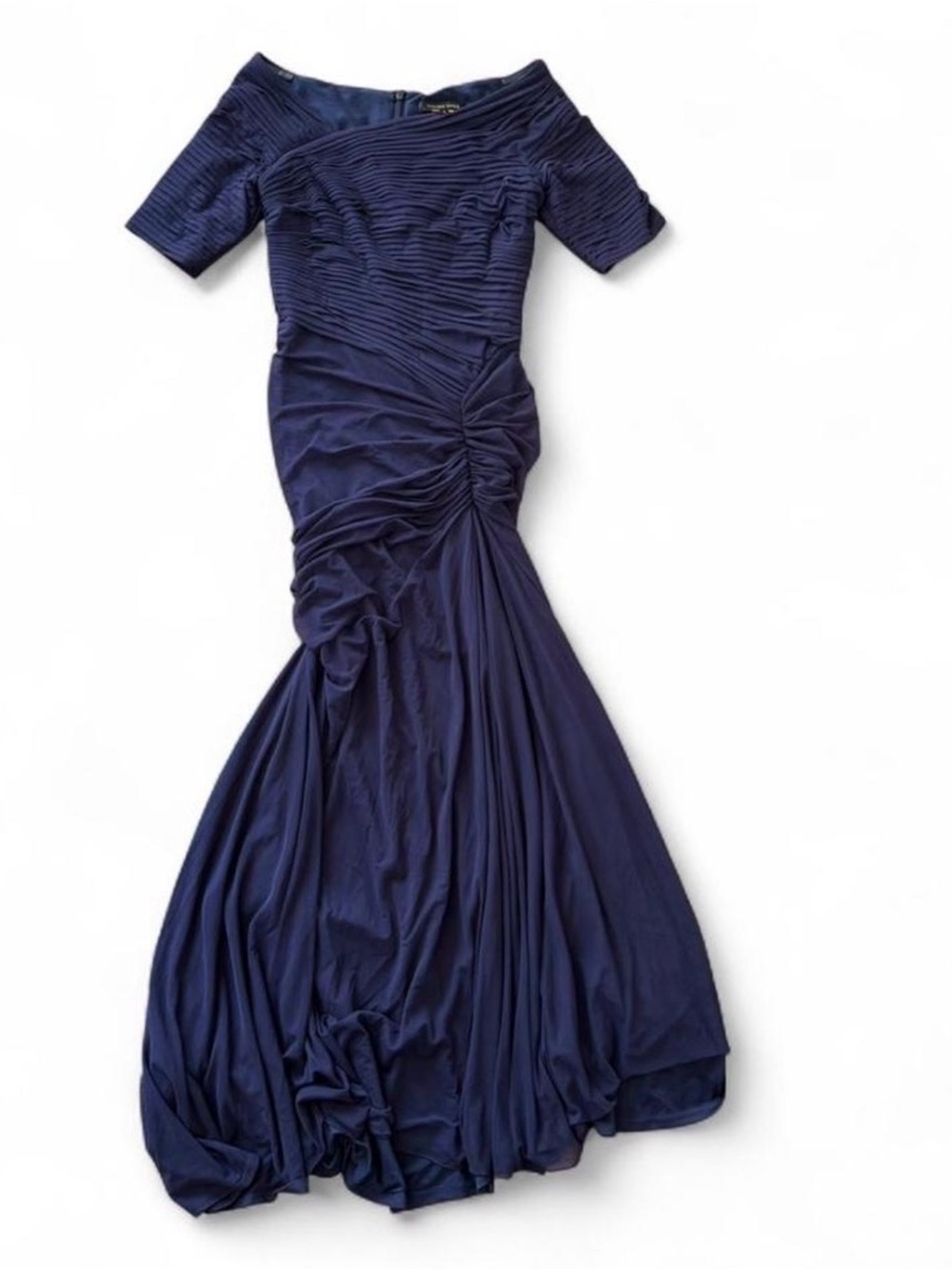 Tadashi Shoji Navy Ruched Draped Off Shoulder Formal Gown Size Small - Picture 6 of 8